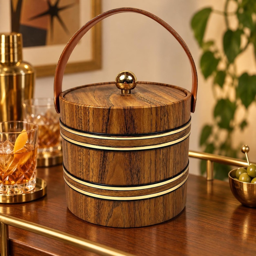 VTG Faux Wood Ice Bucket with Lid Handle Gold Tone Trim Elmar MFG LA Barware
